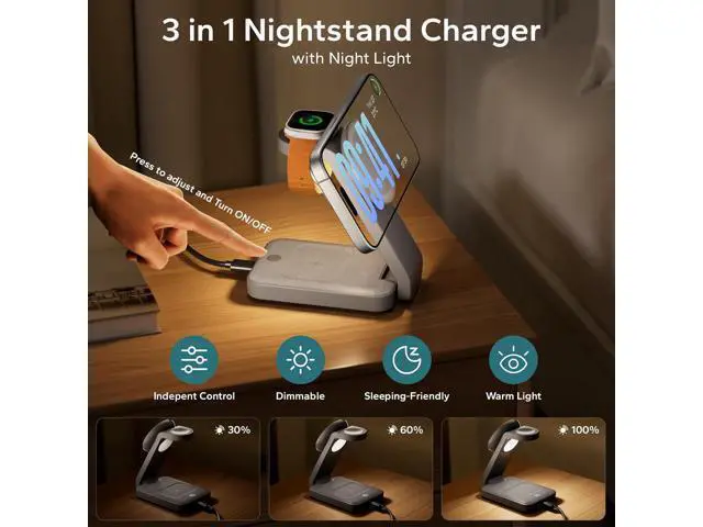 Alt view image 2 of 7 - 3 in 1 Foldable Wireless Charging Station for MagSafe Nightstand Magnetic Charger Stand for iPhone 16 15 14 13 Pro Max Travel Charging Dock with Night Light for Watch/AirPods (Gray)