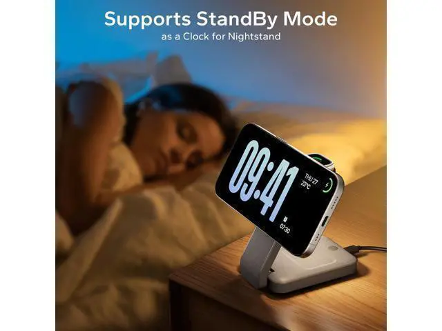 Alt view image 6 of 7 - 3 in 1 Foldable Wireless Charging Station for MagSafe Nightstand Magnetic Charger Stand for iPhone 16 15 14 13 Pro Max Travel Charging Dock with Night Light for Watch/AirPods (Gray)
