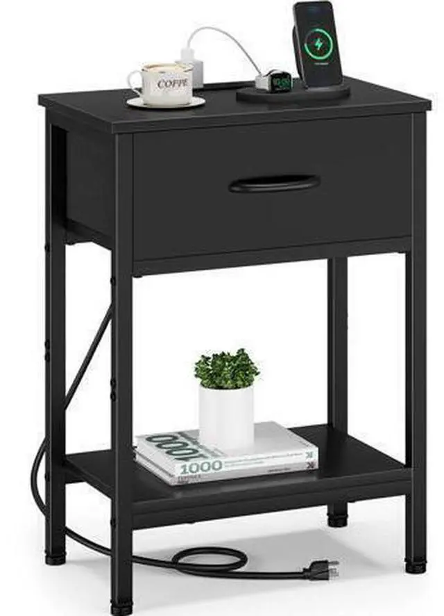 Main image of Black Nightstand with Charging Station, End Table with Fabric Drawer, Small Side Table with 2-Tier Storage Shelves, 25.4" Tall Bedside Table, Black Night Stand for Bedroom, Living Room, Dorm