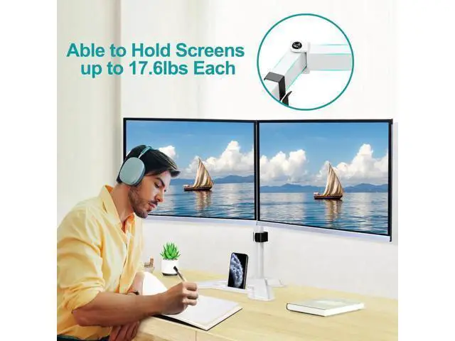 Alt view image 3 of 7 - Dual Monitor Stand, Free-Standing Full Motion Monitor Desk Mount Fits 2 Screens up to 27 inches,17.6lbs with Height Adjustable, Swivel, Tilt, Rotation, VESA 75x75 100x100, White