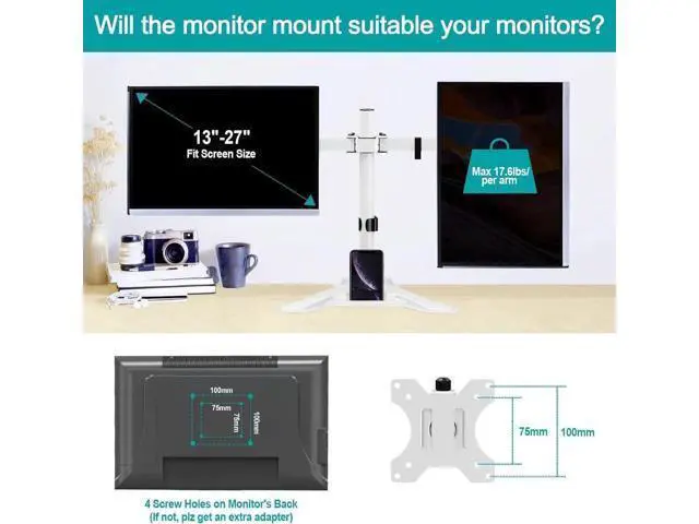 Alt view image 5 of 7 - Dual Monitor Stand, Free-Standing Full Motion Monitor Desk Mount Fits 2 Screens up to 27 inches,17.6lbs with Height Adjustable, Swivel, Tilt, Rotation, VESA 75x75 100x100, White