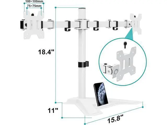 Alt view image 2 of 7 - Dual Monitor Stand, Free-Standing Full Motion Monitor Desk Mount Fits 2 Screens up to 27 inches,17.6lbs with Height Adjustable, Swivel, Tilt, Rotation, VESA 75x75 100x100, White