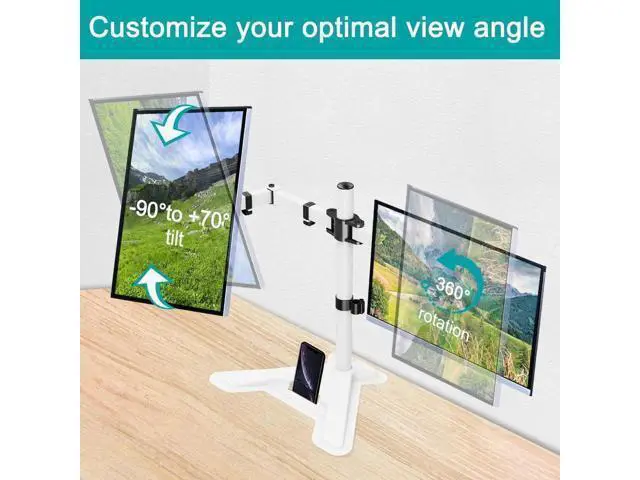 Alt view image 7 of 7 - Dual Monitor Stand, Free-Standing Full Motion Monitor Desk Mount Fits 2 Screens up to 27 inches,17.6lbs with Height Adjustable, Swivel, Tilt, Rotation, VESA 75x75 100x100, White