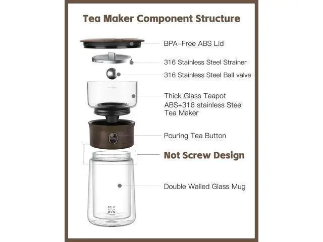 Alt view image 6 of 7 - Modern Glass Infuser Teapot, One Touch Tea Maker for Loose Leaf Tea with Insulated Mug and Portable Case. Enchanted Pot Alternatives for Tea Lover Gifts