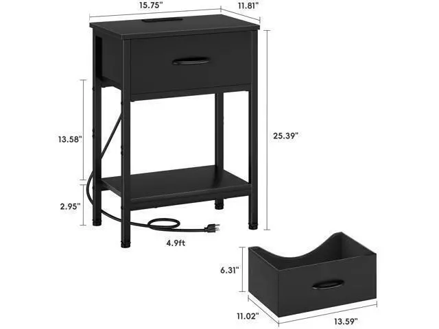 Alt view image 2 of 7 - Black Nightstand with Charging Station, End Table with Fabric Drawer, Small Side Table with 2-Tier Storage Shelves, 25.4" Tall Bedside Table, Black Night Stand for Bedroom, Living Room, Dorm