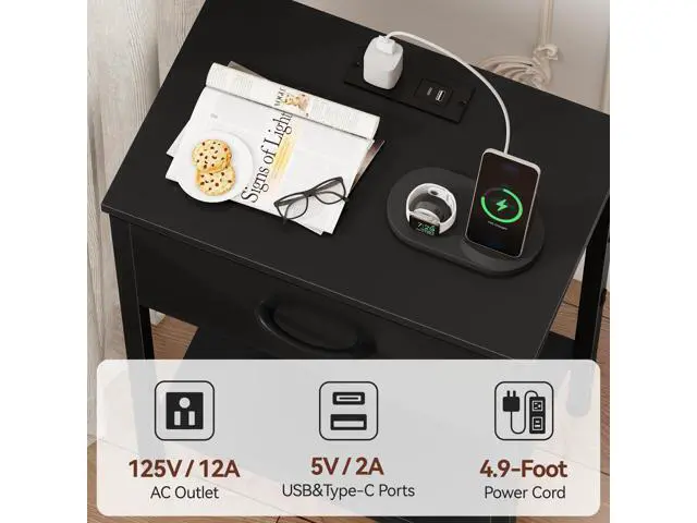 Alt view image 3 of 7 - Black Nightstand with Charging Station, End Table with Fabric Drawer, Small Side Table with 2-Tier Storage Shelves, 25.4" Tall Bedside Table, Black Night Stand for Bedroom, Living Room, Dorm