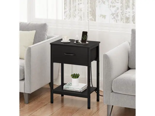 Alt view image 6 of 7 - Black Nightstand with Charging Station, End Table with Fabric Drawer, Small Side Table with 2-Tier Storage Shelves, 25.4" Tall Bedside Table, Black Night Stand for Bedroom, Living Room, Dorm