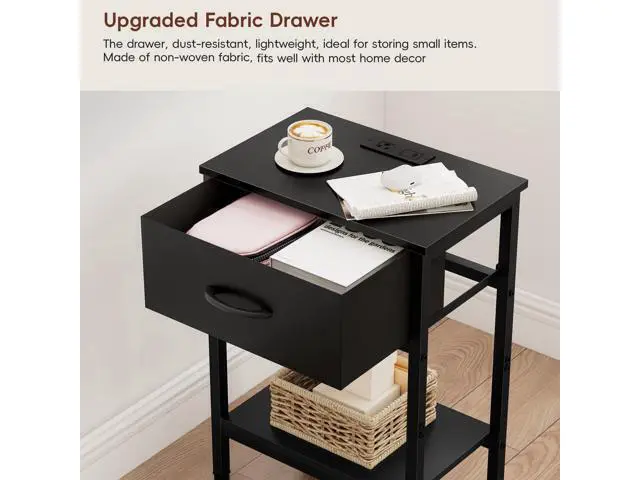 Alt view image 4 of 7 - Black Nightstand with Charging Station, End Table with Fabric Drawer, Small Side Table with 2-Tier Storage Shelves, 25.4" Tall Bedside Table, Black Night Stand for Bedroom, Living Room, Dorm