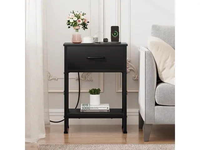 Alt view image 5 of 7 - Black Nightstand with Charging Station, End Table with Fabric Drawer, Small Side Table with 2-Tier Storage Shelves, 25.4" Tall Bedside Table, Black Night Stand for Bedroom, Living Room, Dorm