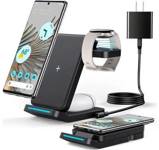 Main image of 3 in 1 Foldable Wireless Charger for Google Pixel Watch 1(Not for Pixel Watch 4/3/2) Fast Charging Stand Station for Pixel 10 Pro XL/9 Pro XL/10/9/8/7/6 Pro Travel Charger with QC Adapter Black