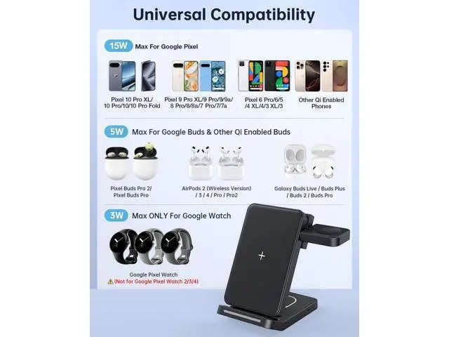 Alt view image 2 of 7 - 3 in 1 Foldable Wireless Charger for Google Pixel Watch 1(Not for Pixel Watch 4/3/2) Fast Charging Stand Station for Pixel 10 Pro XL/9 Pro XL/10/9/8/7/6 Pro Travel Charger with QC Adapter Black