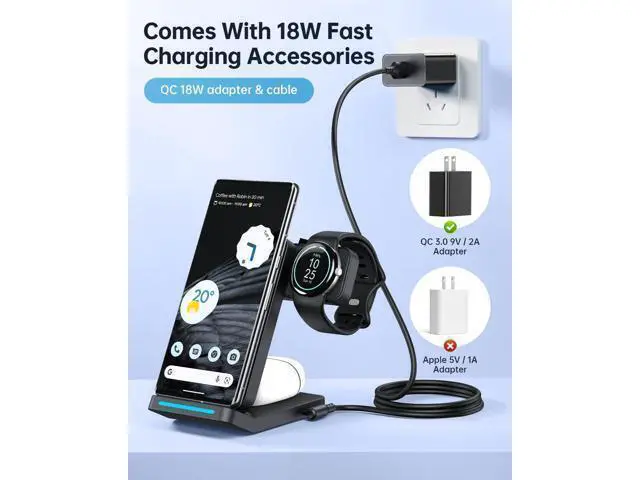 Alt view image 5 of 7 - 3 in 1 Foldable Wireless Charger for Google Pixel Watch 1(Not for Pixel Watch 4/3/2) Fast Charging Stand Station for Pixel 10 Pro XL/9 Pro XL/10/9/8/7/6 Pro Travel Charger with QC Adapter Black