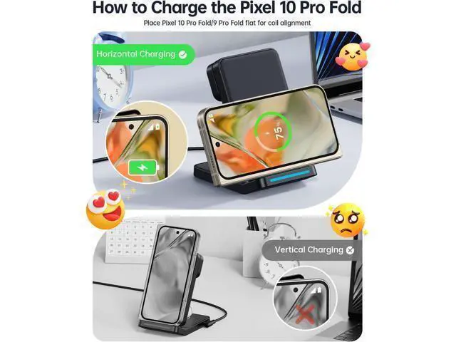 Alt view image 6 of 7 - 3 in 1 Foldable Wireless Charger for Google Pixel Watch 1(Not for Pixel Watch 4/3/2) Fast Charging Stand Station for Pixel 10 Pro XL/9 Pro XL/10/9/8/7/6 Pro Travel Charger with QC Adapter Black