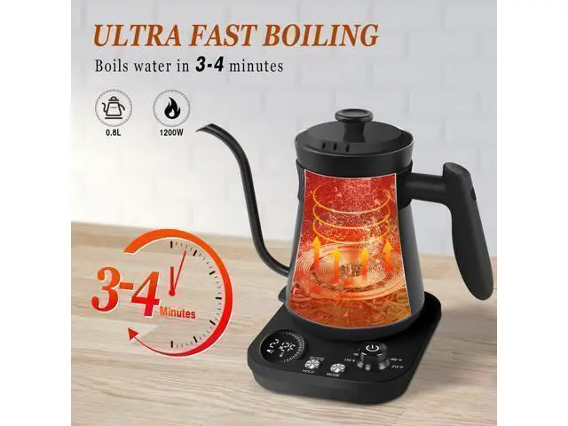 Alt view image 3 of 7 - Electric Gooseneck Kettle, 5 Variable Presets for Coffee Tea Brewing, 100% Stainless Steel Inner Tea/Coffee Kettle with 1.5H Keep Warm, 1200 Watt Quick Heating Pot, 0.8L, Matt Black