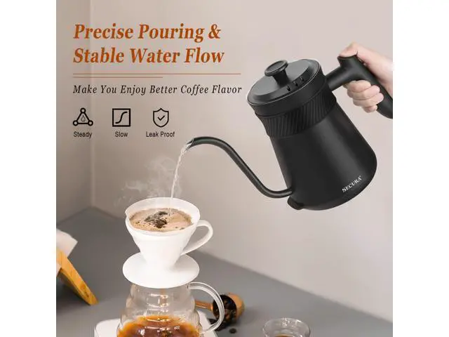 Alt view image 2 of 7 - Electric Gooseneck Kettle, 5 Variable Presets for Coffee Tea Brewing, 100% Stainless Steel Inner Tea/Coffee Kettle with 1.5H Keep Warm, 1200 Watt Quick Heating Pot, 0.8L, Matt Black