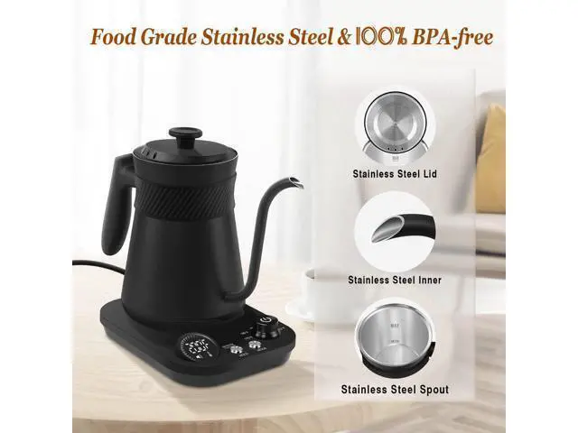Alt view image 5 of 7 - Electric Gooseneck Kettle, 5 Variable Presets for Coffee Tea Brewing, 100% Stainless Steel Inner Tea/Coffee Kettle with 1.5H Keep Warm, 1200 Watt Quick Heating Pot, 0.8L, Matt Black