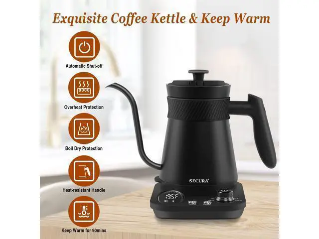 Alt view image 6 of 7 - Electric Gooseneck Kettle, 5 Variable Presets for Coffee Tea Brewing, 100% Stainless Steel Inner Tea/Coffee Kettle with 1.5H Keep Warm, 1200 Watt Quick Heating Pot, 0.8L, Matt Black