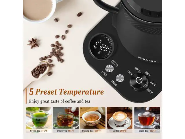 Alt view image 7 of 7 - Electric Gooseneck Kettle, 5 Variable Presets for Coffee Tea Brewing, 100% Stainless Steel Inner Tea/Coffee Kettle with 1.5H Keep Warm, 1200 Watt Quick Heating Pot, 0.8L, Matt Black
