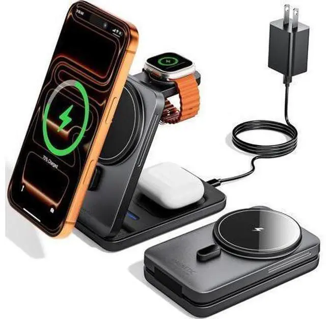 Main image of for Magsafe Travel Charging Station 3 in 1 Foldable Magnetic Phone Charger Stand for Wireless Charging Dock for Multiple Devices iPhone 17 16 15 14 13 12 Series/ Watch/Airpods