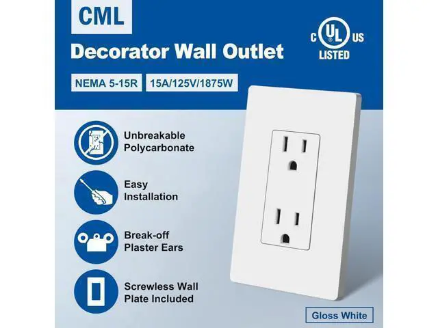 Alt view image 2 of 7 - CML 15 Amp Decorator Receptacle Outlet, 20 Pack Standard Electrical Outlet with Screwless Wall Plate, Non-Tamper Resistant, 15A 125V, UL Listed