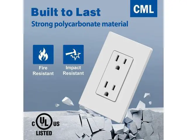 Alt view image 3 of 7 - CML 15 Amp Decorator Receptacle Outlet, 20 Pack Standard Electrical Outlet with Screwless Wall Plate, Non-Tamper Resistant, 15A 125V, UL Listed