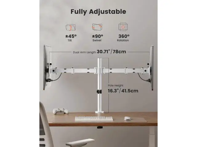 Alt view image 6 of 6 - Dual Monitor Desk Mount, Fully Adjustable Dual Monitor Arm for 2 Computer Screens up to 32 inch, Heavy Duty Dual Monitor Stand for Desk, Holds up to 17.6 lbs per Arm - White