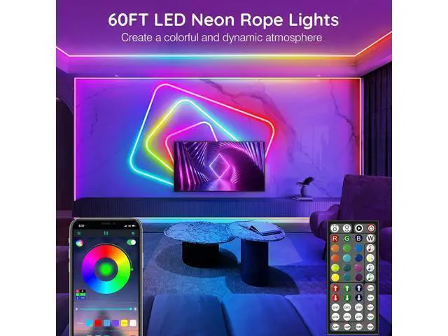 Alt view image 2 of 7 - Led Neon Rope Lights 60FT Control with App/Remote Flexible Led Rope Lights Multiple Modes IP68 Outdoor RGB Neon Lights Waterproof Music Sync Gaming Led Strip Lights for Bedroom Indoor