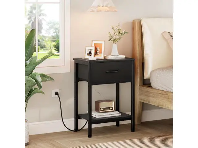 Alt view image 7 of 7 - Black Nightstand with Charging Station, End Table with Fabric Drawer, Small Side Table with 2-Tier Storage Shelves, 25.4" Tall Bedside Table, Black Night Stand for Bedroom, Living Room, Dorm