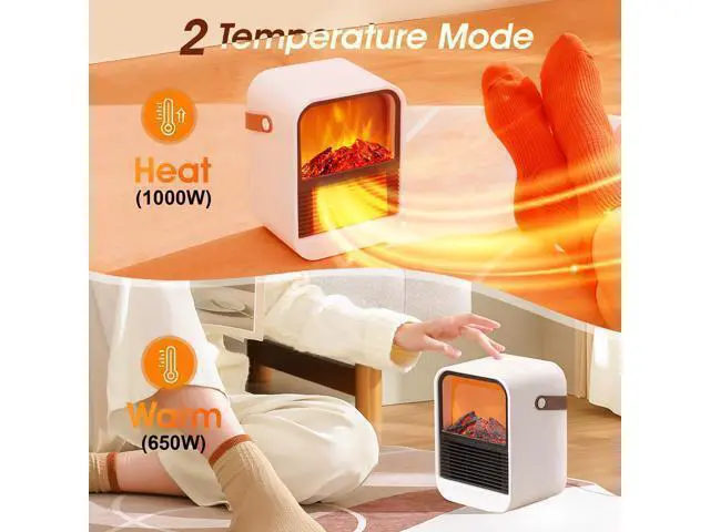 Alt view image 3 of 7 - Portable Mini Electric Fireplace Heater,Small Room Space Heaters for Indoor Use with 3D Flames,PTC Ceramic Heater, Desk Space Heater for Bedroom,Bathroom and Office Quiet Small(White)