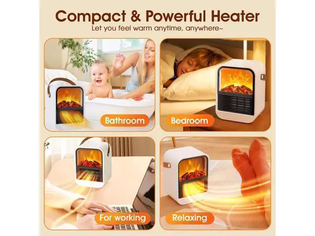 Alt view image 5 of 7 - Portable Mini Electric Fireplace Heater,Small Room Space Heaters for Indoor Use with 3D Flames,PTC Ceramic Heater, Desk Space Heater for Bedroom,Bathroom and Office Quiet Small(White)