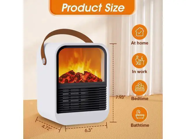 Alt view image 7 of 7 - Portable Mini Electric Fireplace Heater,Small Room Space Heaters for Indoor Use with 3D Flames,PTC Ceramic Heater, Desk Space Heater for Bedroom,Bathroom and Office Quiet Small(White)