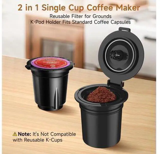 Alt view image 2 of 7 - Small Single Serve Coffee Maker, Fast Brew One Cup Coffee Machine for K Cup and Grounds, 6 to 12 oz. Brew Sizes, Capsule Coffee Machine with Descaling Reminder and Viewing Tank, Black