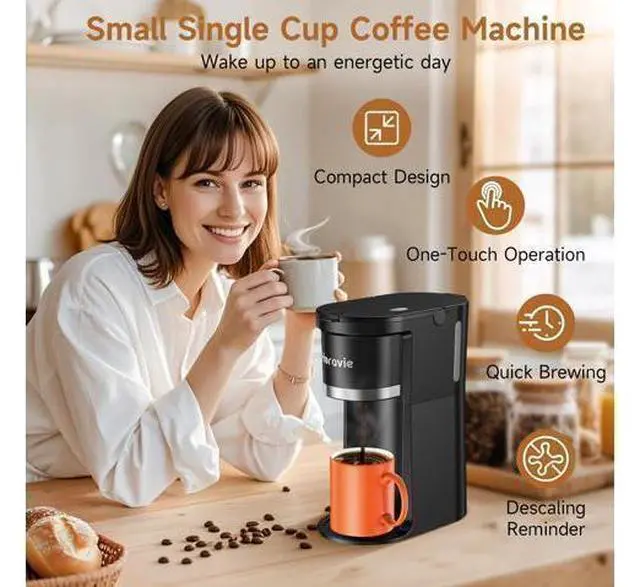 Alt view image 3 of 7 - Small Single Serve Coffee Maker, Fast Brew One Cup Coffee Machine for K Cup and Grounds, 6 to 12 oz. Brew Sizes, Capsule Coffee Machine with Descaling Reminder and Viewing Tank, Black