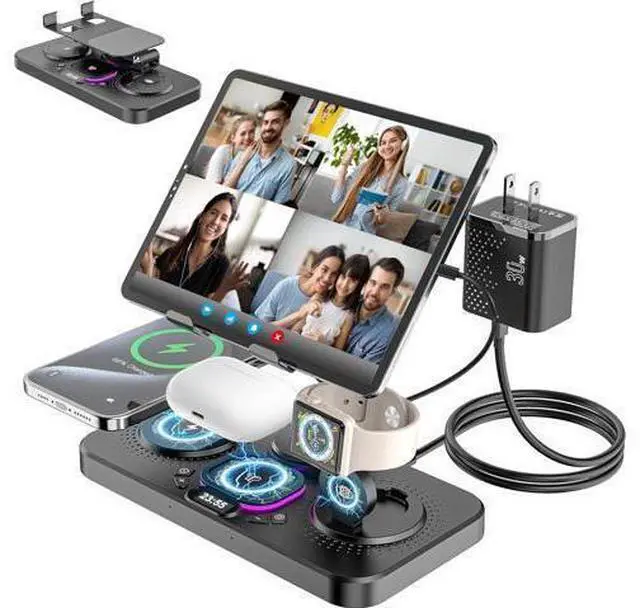 Main image of Upgrade Wireless Charging Station with Clock & 7 Color Ambient Light for iPhone17/16/15 Series Watch 11 10 9 AirPods 4/3/2 30W desk wireless charger Multiple Devices iPad Stand Dock