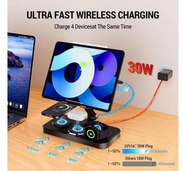 Alt view image 3 of 7 - Upgrade Wireless Charging Station with Clock & 7 Color Ambient Light for iPhone17/16/15 Series Watch 11 10 9 AirPods 4/3/2 30W desk wireless charger Multiple Devices iPad Stand Dock