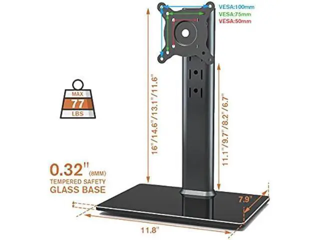 Alt view image 6 of 6 - Single LCD Computer Monitor Free-Standing Desk Stand Mount Riser for 13 inch to 32 inch Screen with Swivel, Height Adjustable, Rotation, Vesa Base Stand Holds One (1) Screen up to 77Lbs(HT05B-001))