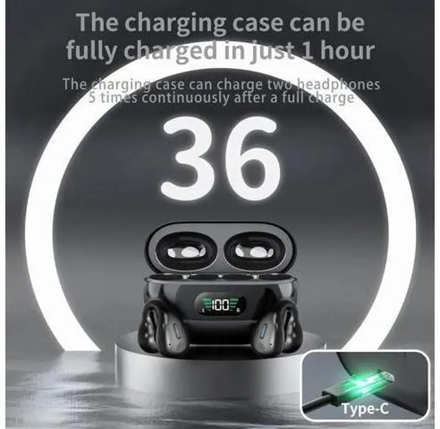 Alt view image 6 of 7 - Open Ear Headphones, Clip On Wireless Earbuds Bluetooth 5.3, Sports Earphones with ENC Mic, 36 Hours HIFI Earpods with LED Display Charging Case, IPX7 Waterproof Running Ear Buds