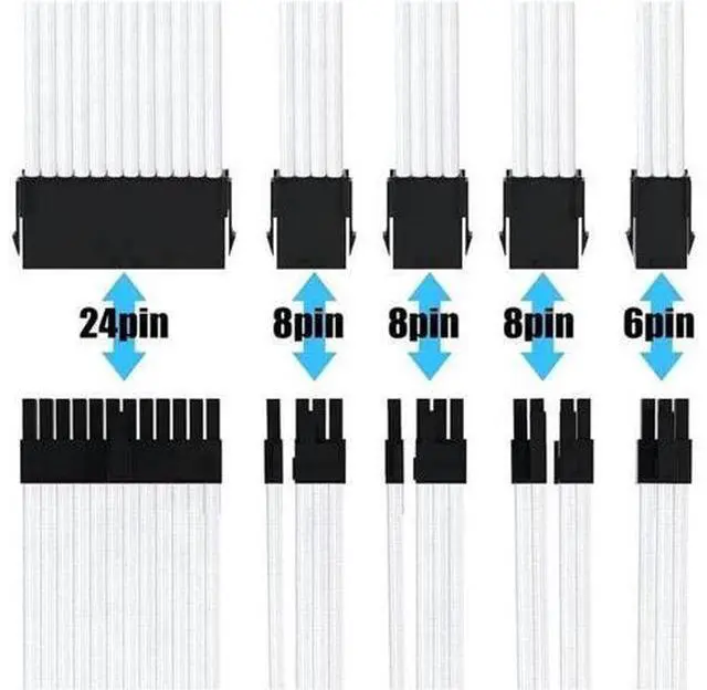 Alt view image 3 of 7 - Mod Sleeved Cable, White Power Supply Cable Extension Kit, 24PIN ATX, 4+4 PIN EPS, Dual 6+2 PIN PCIE, 6 PIN PCI-E