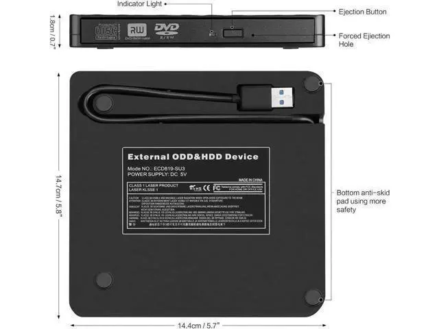Alt view image 5 of 7 - External CD DVD Drive, USB 3.0 Portable CD/DVD +/-RW Drive Slim Optical Burner Writer Rewriter, High Speed Data Transfer for Laptop Notebook Desktop PC MAC OS Windows 7/8/10 (Black)