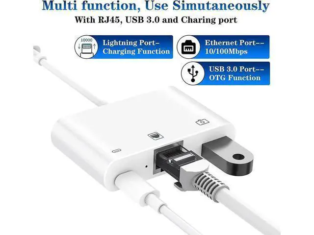 Alt view image 3 of 6 - Lightning to RJ45 Adapter, 3 in 1 RJ45 Ethernet LAN Network Adapter with USB Camera Adapter and Charge Port Compatible with iPhone/iPad/iPod, Plug and Play, Supports 100Mbps Ethernet Network