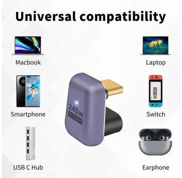 Alt view image 4 of 6 - 80 Degree USB C Adapter 240W, 2-Pack U Shape USB C 180 Degree Angled USB 4.0 Type C Extender Connector Support 40Gbps Data & 8K Video for Thunderbolt 4/3, Laptop, MacBook