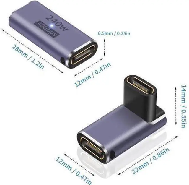 Alt view image 2 of 7 - USB C Female to Female Adapter, USB C Coupler 240W, 40Gbps 90 Degree Type C Coupler with 8K Video Display Compatible for Thunderbolt 4/3, MacBook Pro and Phones (2Pack)