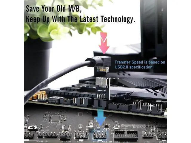 Alt view image 4 of 7 - USB2.0 Internal Header (9-Pin) to USB3.1/3.2 Type-C (20-Pin) A-Key Front Panel 180 Degrees Adapter, Extend USB Type E Ports to PCs Front Panel USB Ports