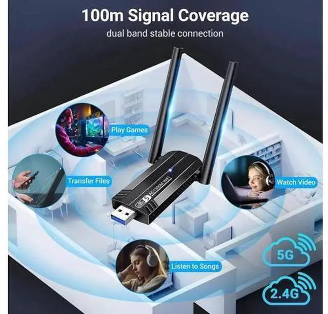 Alt view image 2 of 7 - 1300Mbps USB 3.0 WiFi Adapter, Dual Antennas 5G/2.4G AC1300 Wireless Adapter WiFi Network Adapter Dongle for Desktop Computer Laptop PC Supports Windows11/10/8/7/Vista/XP, Mac OS 10.9-10.15