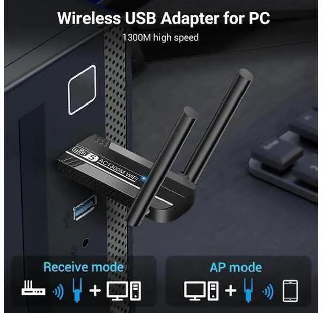 Alt view image 3 of 7 - 1300Mbps USB 3.0 WiFi Adapter, Dual Antennas 5G/2.4G AC1300 Wireless Adapter WiFi Network Adapter Dongle for Desktop Computer Laptop PC Supports Windows11/10/8/7/Vista/XP, Mac OS 10.9-10.15