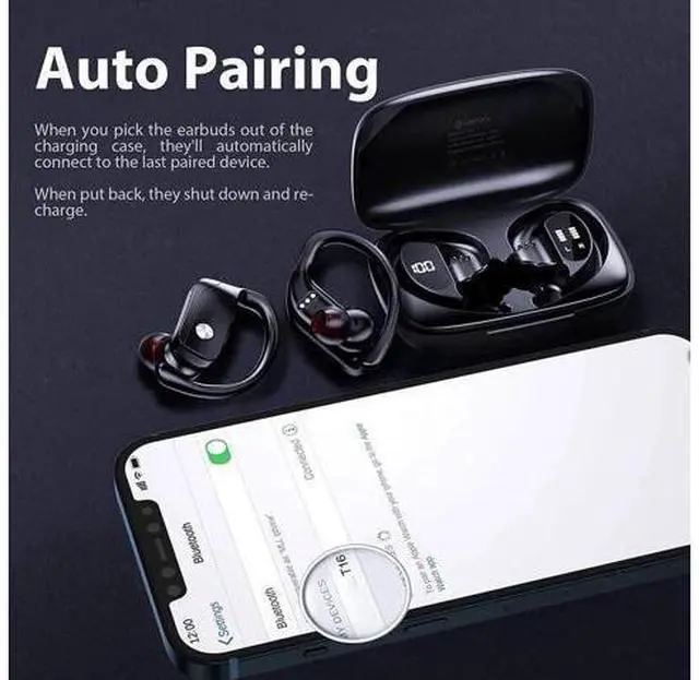 Alt view image 3 of 6 - Ture Wireless Earbuds Bluetooth Headphones 48hrs Playtime Sport Earphones with LED Display TWS Stereo Deep Bass Ear Buds with Earhooks Waterproof in-Ear Built-in Mic Headset for Running Workout