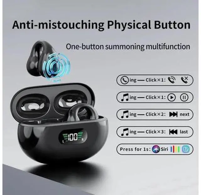Alt view image 3 of 7 - Clip-On Wireless Earbuds Bone Conduction, Wireless Bluetooth V5.3 Open Ear Headphones, 80 Hours Playtime with Charging Case, IPX4 Waterproof Earphones Sport Cycling Running Work Earbud Hooks