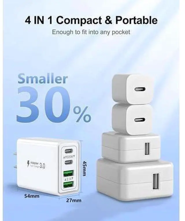 Alt view image 3 of 7 - USB C Charger Block, 2-Pack 40W 4-Port PD Fast Charging Dual USB C Wall Charger, Multiport Power Adapter for i-Phone 16 15 14 13 12 11, i-Pad, Galaxy S24 S23, Pixel, Tablet, Android Smartphones