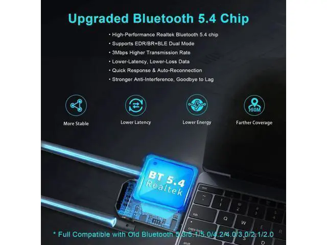 Alt view image 4 of 7 - USB Bluetooth 5.4 Adapter for PC Laptop, Long Range 492FT/150M Wireless Dongle Adaptor for Windows 11 10 8.1 7 Desktop, Plug and Play Bluetooth Mouse Keyboard Headphones Speaker Game Controller