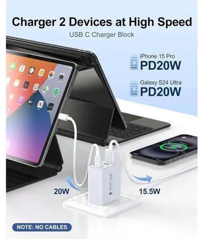 Alt view image 7 of 7 - USB C Charger Block, 2-Pack 40W 4-Port PD Fast Charging Dual USB C Wall Charger, Multiport Power Adapter for i-Phone 16 15 14 13 12 11, i-Pad, Galaxy S24 S23, Pixel, Tablet, Android Smartphones